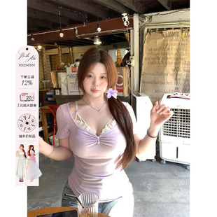 安妮不火 纯欲收腰上衣 假两件花边拼接领莱赛尔高弹T恤女微胖大码