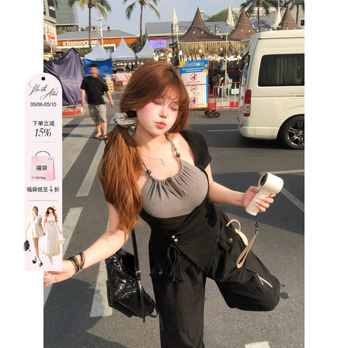 安妮不火 串珠绑带撞色假两件高弹针织T恤女微胖大码拼接收腰上衣
