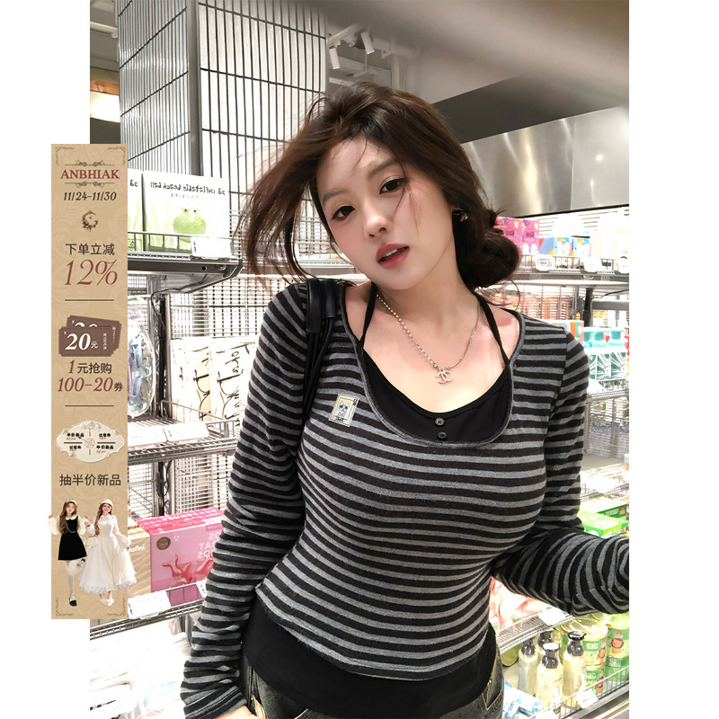 安妮不火小猫章仔撞色条纹绑带针织衫女微胖大码收腰显瘦长袖上衣