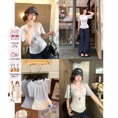 安妮不火 93%莱赛尔缩褶收腰高弹针织T恤女微胖大码显瘦沙漏上衣