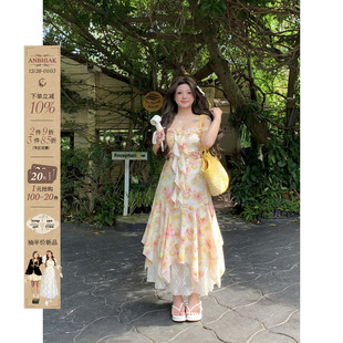 安妮不火度假风蕾丝拼接碎花裙女2025春夏新款 荷叶边长裙 微胖大码