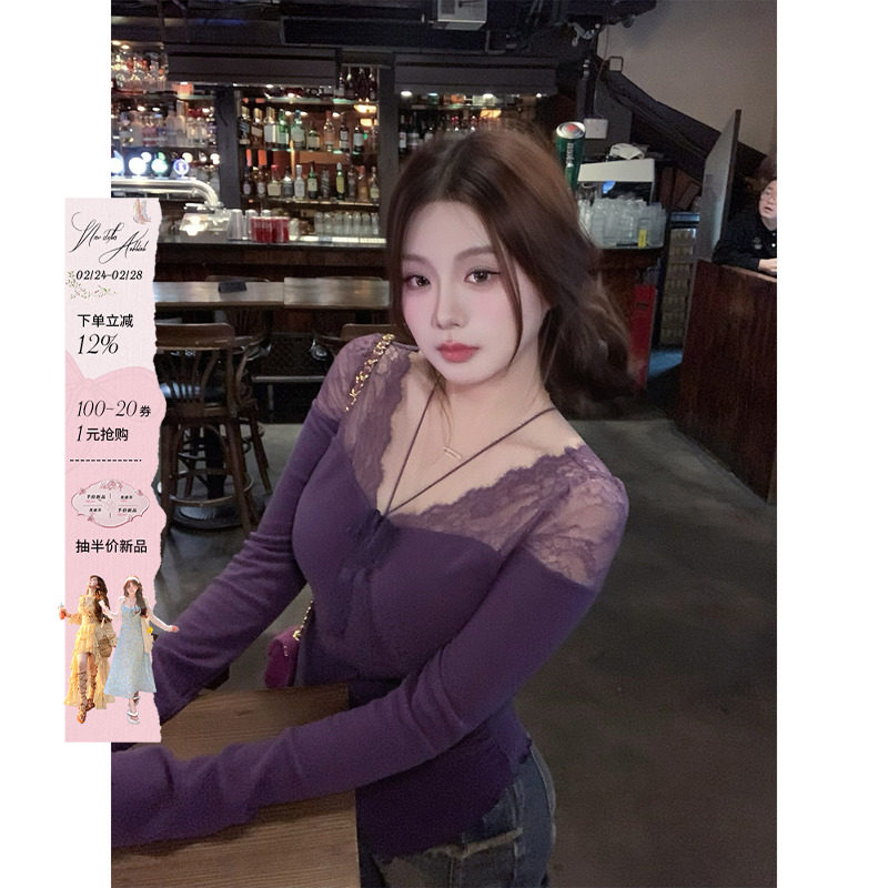 安妮不火 蕾丝拼接领高弹双面磨毛针织T恤女微胖大码半透视小上衣