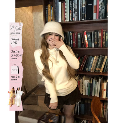 安妮不火 设计感古早堆堆领蝙蝠袖毛织衫女微胖大码收腰气质上衣