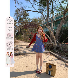 安妮不火 荷叶边连衣裙子 复古甜妹风碎花V领高腰雪纺裙女微胖大码