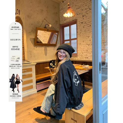 安妮不火 oversize格纹拼接kt猫涂鸦夹克女微胖大码宽松显瘦外套
