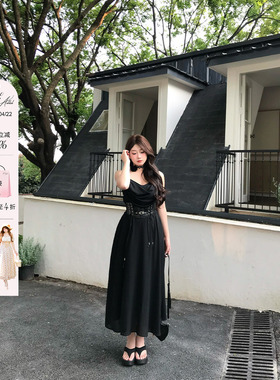 安妮不火 墨羽纤腰高级感收腰荡领吊带裙女微胖大码黑色吊带长裙