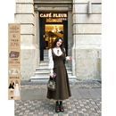 安妮不火 收腰气质长裙子 英伦风假两件条纹呢子连衣裙女微胖大码