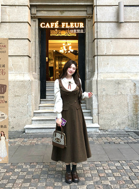 安妮不火 英伦风假两件条纹呢子连衣裙女微胖大码收腰气质长裙子