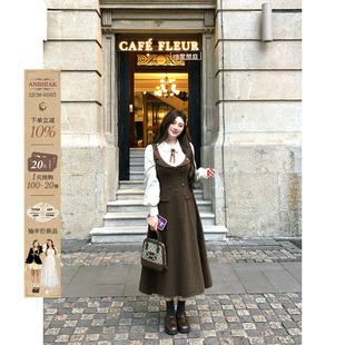 安妮不火 收腰气质长裙子 英伦风假两件条纹呢子连衣裙女微胖大码