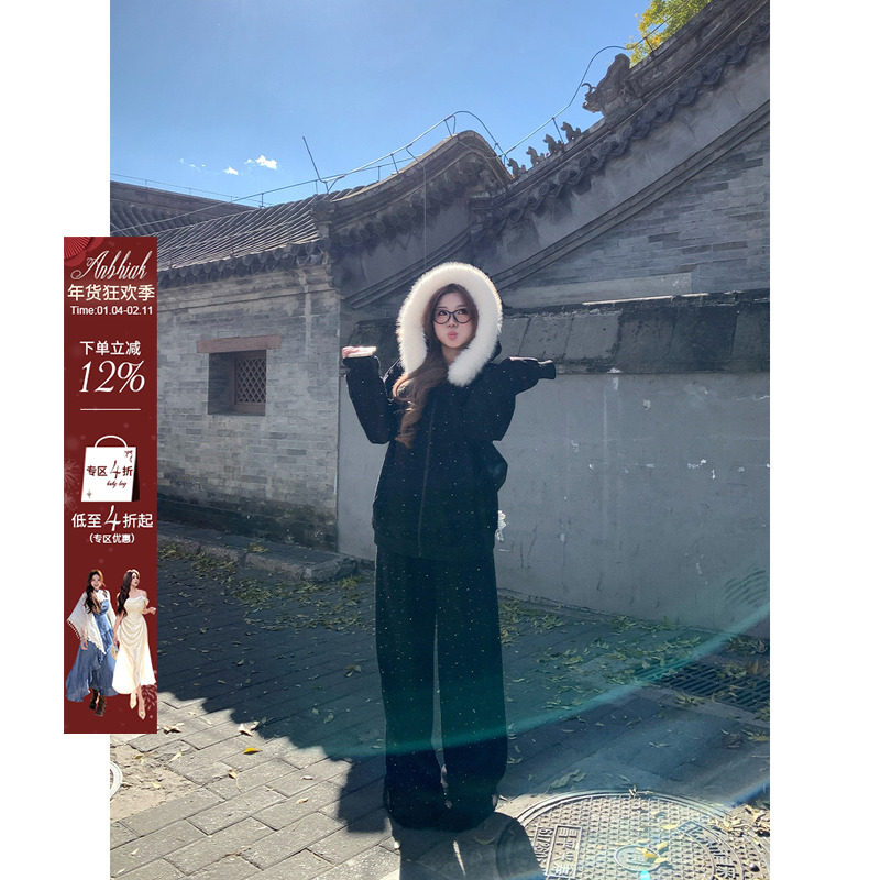 安妮不火 爆闪烫钻毛领加绒卫衣长裤套装女微胖大码保暖两件套装,女装/女士精品,时尚套装,淘宝优惠券,粉丝福利购,淘宝优惠卷