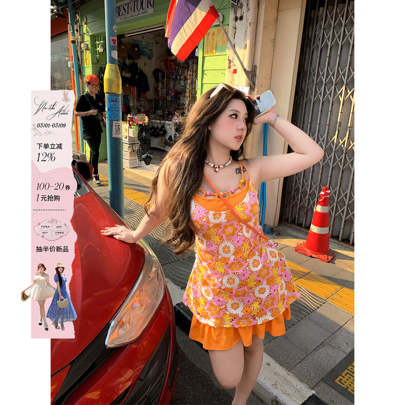 安妮不火元气镂空小雏菊吊带裙女2025春夏新款微胖大码可爱碎花裙