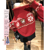 宽松显瘦毛织衫 费尔岛kt提花露肩毛衣女微胖大码 双旦感 安妮不火