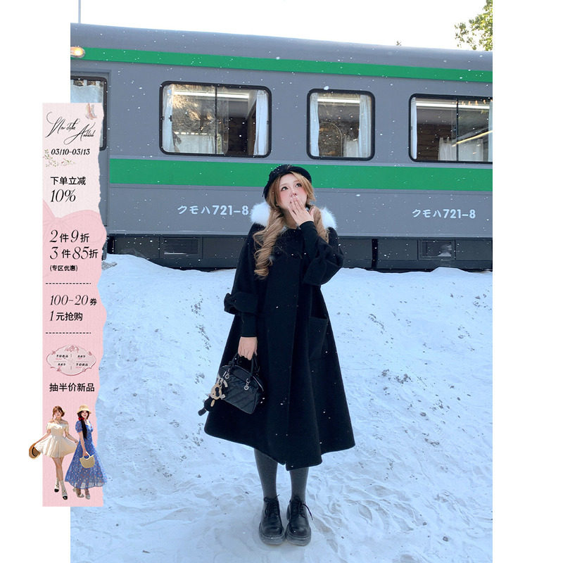 安妮不火 甜美减龄蝴蝶结袖双面呢大衣女微胖大码毛领呢子长外套