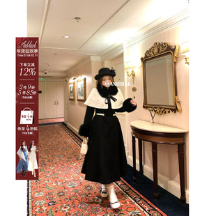 安妮不火 千金风呢子连衣裙&钉珠斗篷套组女微胖大码气质两件套装