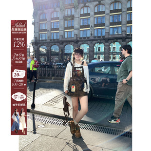 安妮不火  巴恩荒原蜡感做旧皮裙女2025秋新款微胖大码美式背带裙