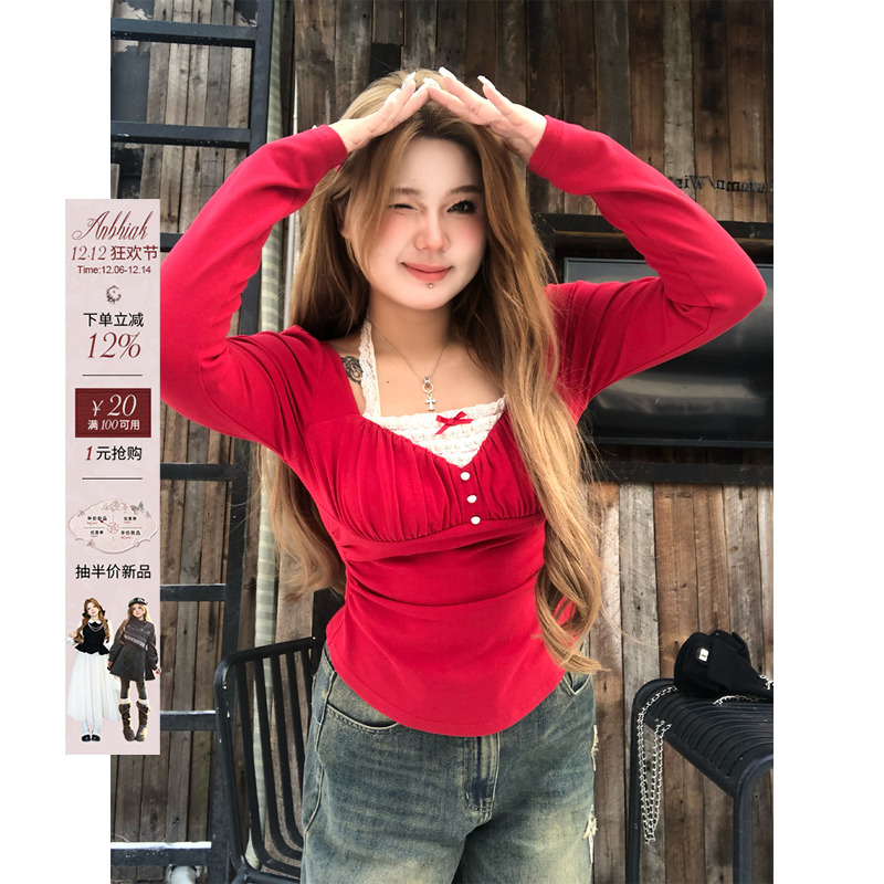 IAK套头蕾丝拼接针织衫