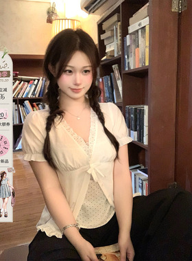 安妮不火假两件波点拼接木耳边蝴蝶结衬衫女微胖大码收腰显瘦小衫
