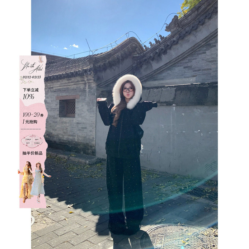 安妮不火 爆闪烫钻毛领加绒卫衣长裤套装女微胖大码保暖两件套装