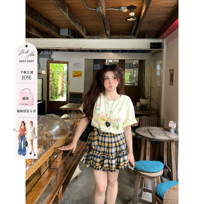 安妮不火奶昔格野木耳边绑带格纹半身裙女夏季微胖大码格子短裙子