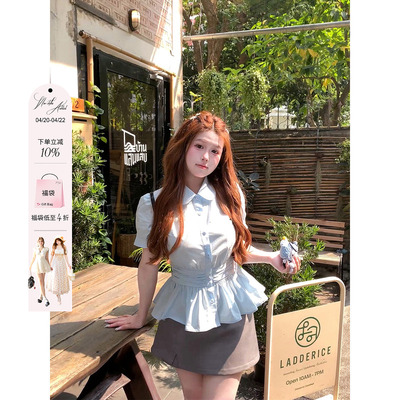 安妮不火 甜美海盐系100棉娃娃领收腰衬衫女微胖大码甜美短袖衬衣