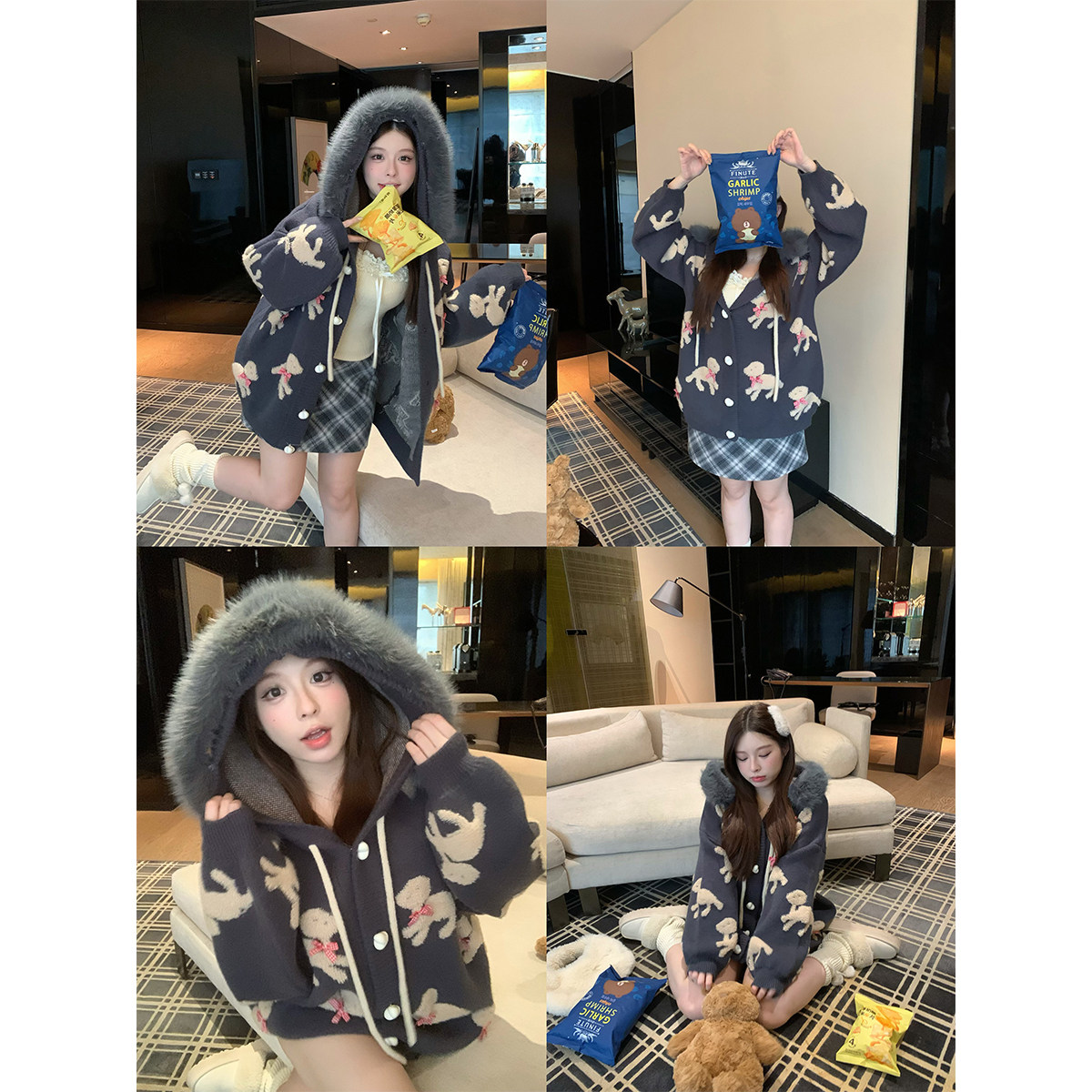 安妮不火 减龄感小狗提花连帽毛衣外套女微胖大码毛圈狗毛领外套,女装/女士精品,毛衣,淘宝优惠券,粉丝福利购,淘宝优惠卷