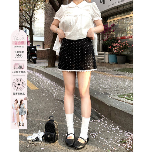 安妮不火 韩系缎面波点蕾丝花边拼接半身裙女微胖大码A字小短裙子