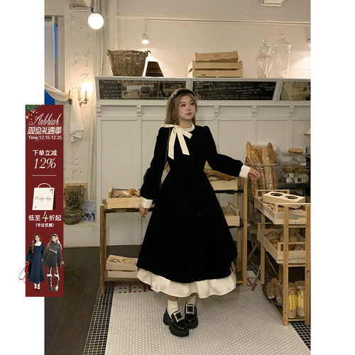 安妮不火 撞色蝴蝶结连衣裙女2025秋季法式荷叶边微胖显瘦小黑裙