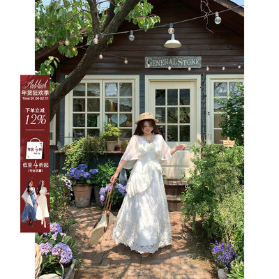 安妮不火 似水梨花浪漫重工蕾丝绣花仙裙女微胖大码设计感连衣裙