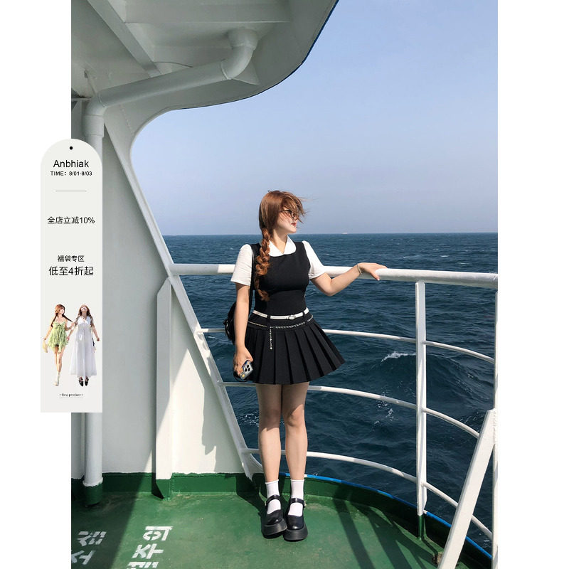 安妮不火济州文学系学院风假两件连衣裙女微胖大码韩版女主小黑裙 - 实物图