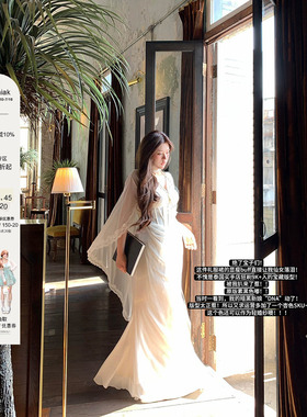 安妮不火银戒吻痕气质鱼骨雪纺女神拖尾裙女新款微胖大码半透视裙