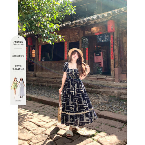 安妮不火 棉制格纹橡筋腰蕾丝花边连衣裙女微胖大码收腰显瘦裙子
