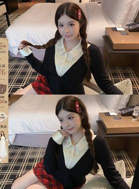 安妮不火 高智千金假两件娃娃领针织衫女微胖大码设计感长袖上衣