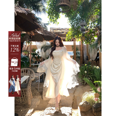 安妮不火 神女感蕾丝刺绣缎面鱼骨礼服裙微胖大码气质千金连衣裙