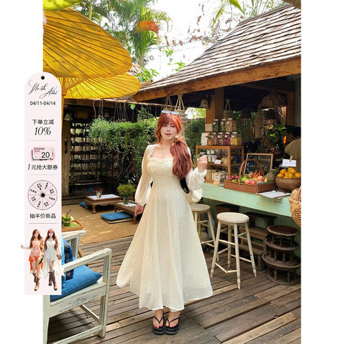 安妮不火 木耳边雪纺印花无袖度假连衣裙女微胖大码收腰长裙套装