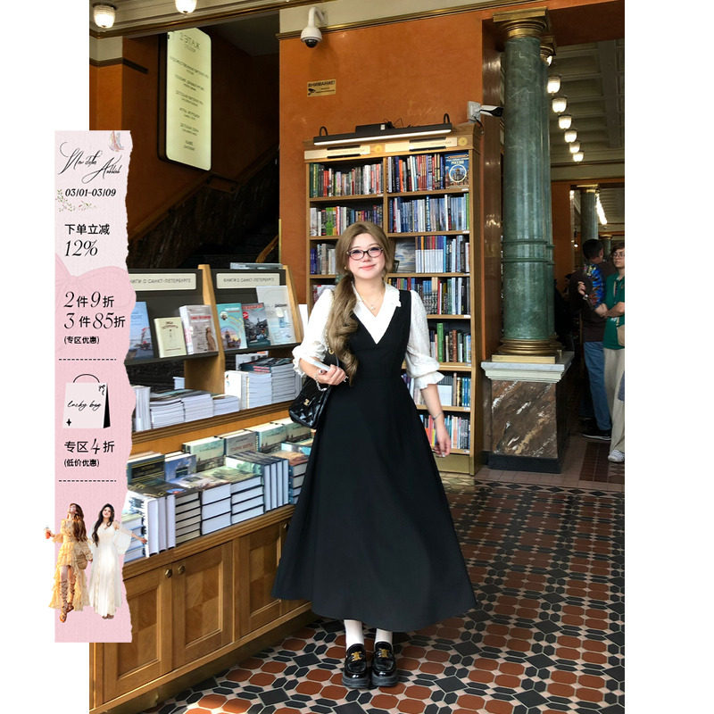 安妮不火 焦糖甜可滋巴洛克提花裙女秋新款微胖大码假两件连衣裙