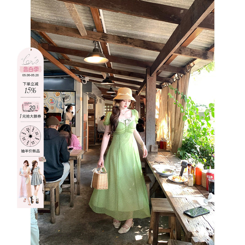 安妮不火高腰线蕾丝花边领碎花雪纺连衣裙女微胖大码显白收腰长裙