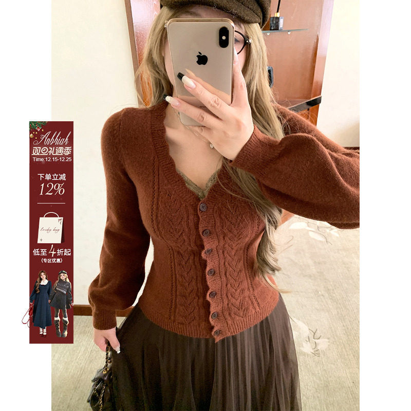 安妮不火 软fufu北极绒V领绞花毛衣开衫女微胖大码秋酿费尔岛小衫