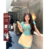 安妮不火 两件套 微胖大码 全垒打少女撞色T恤半裙针织套装 女夏新款