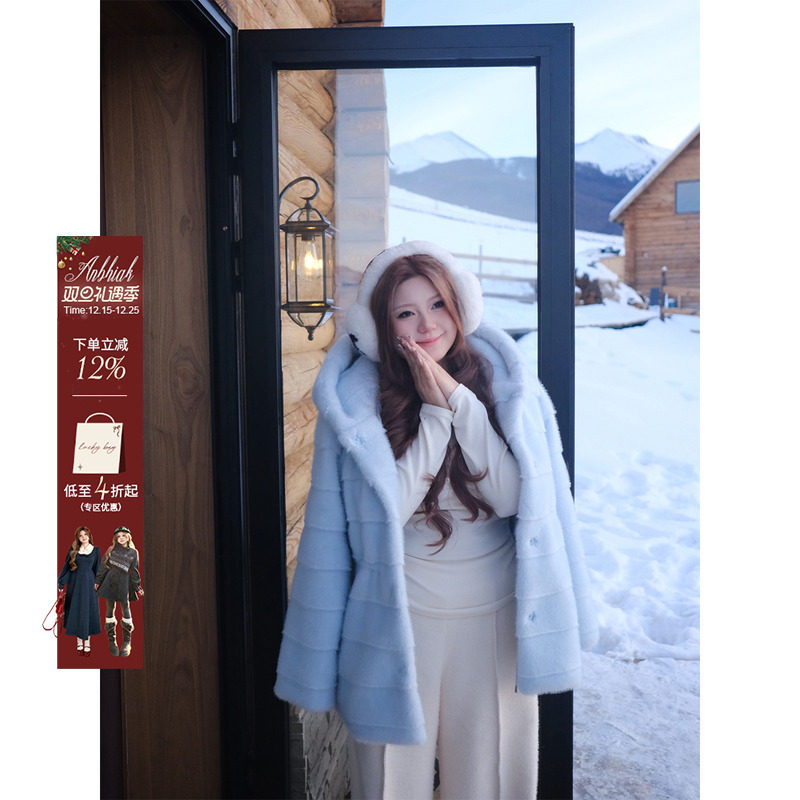 安妮不火 chao嫩系列仿水貂连帽环保皮草女微胖大码保暖毛绒外套