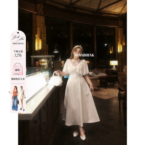 安妮不火木梨花缎带结甜美系斗篷千金裙女夏季新款微胖大码公主裙