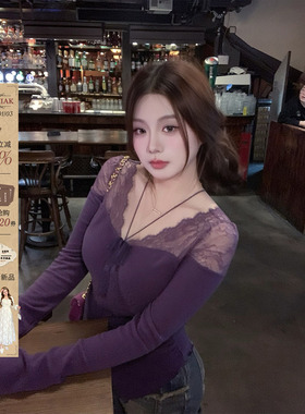 安妮不火 蕾丝拼接领高弹双面磨毛针织T恤女微胖大码半透视小上衣