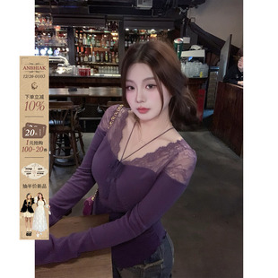 安妮不火 半透视小上衣 蕾丝拼接领高弹双面磨毛针织T恤女微胖大码