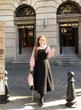 安妮不火 学院风烫钻细闪呢子料连衣裙女微胖大码假两件毛呢裙子