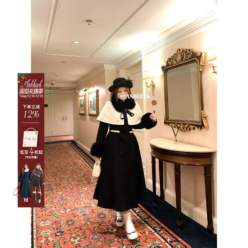 安妮不火 千金风呢子连衣裙&钉珠斗篷套组女微胖大码气质两件套装