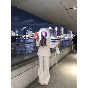 安妮不火 千金毛领棉衣 仿貂毛皮草拼接收腰连帽棉外套女微胖大码