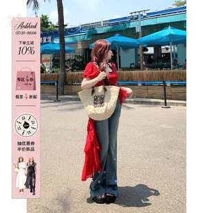 微喇蝴蝶结牛仔裤 新款 安妮不火 女高腰2024夏季 子 微胖大码 微喇裤