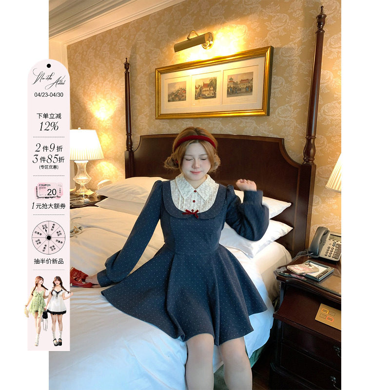 安妮不火 假两件波点印花绑带呢子连衣裙女微胖大码收腰千金风裙