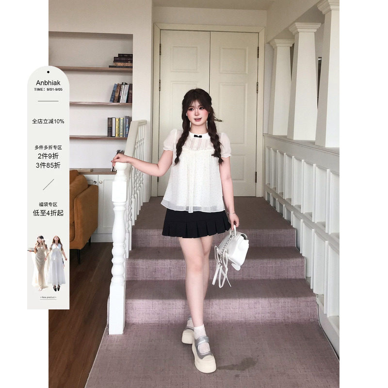 安妮不火 娃娃领波点雪纺衫+百褶裙套装女微胖大码韩系甜美两件套图片