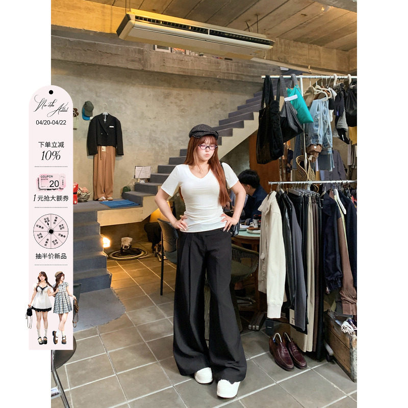 安妮不火 设计感中腰风琴褶直腿显瘦西裤女微胖大码垂感休闲长裤
