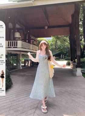 安妮不火 温柔系蕾丝花边雪纺碎花连衣裙女微胖大码收腰裙子套装